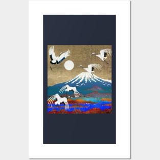 Japanese Painting Ukiyo-E Cranes Mount Fuji Posters and Art